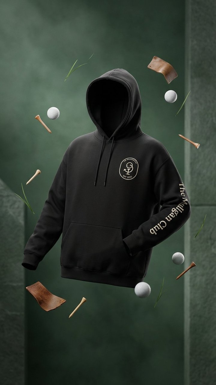 The Mulligan Club hoodie, black with a chest crest and the brand name down the sleeve